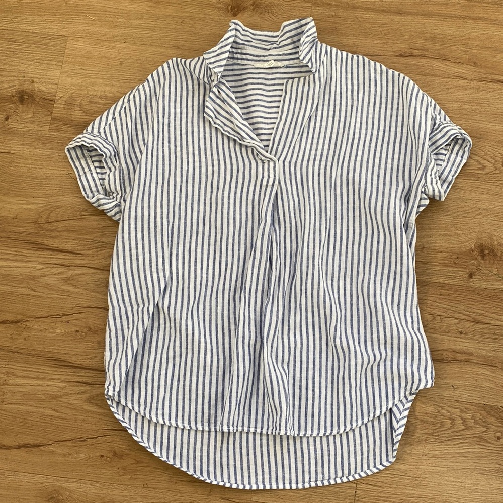 Blue and White Linen-Blend Blouse